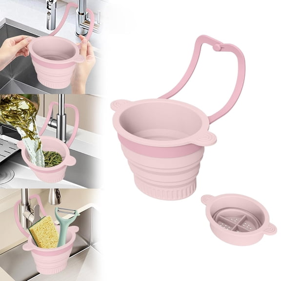 KUKIDSVO 5.78x3.3in Hanging Silicone Sink Basket, Foldable Food Strainer, Faucet Mount Residue Filter for Kitchen Drain Storage (1 Pack, Pink)