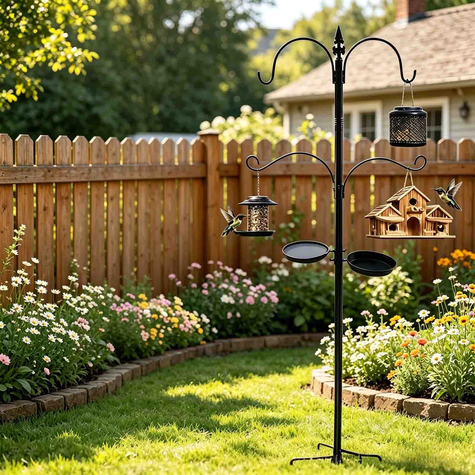 KUKIDSVO 58in Heavy Duty Bird Feeder Pole, 4-Hook Black Iron Garden Stake with Trays for Hanging Plants Lanterns Outdoor Yard Decor