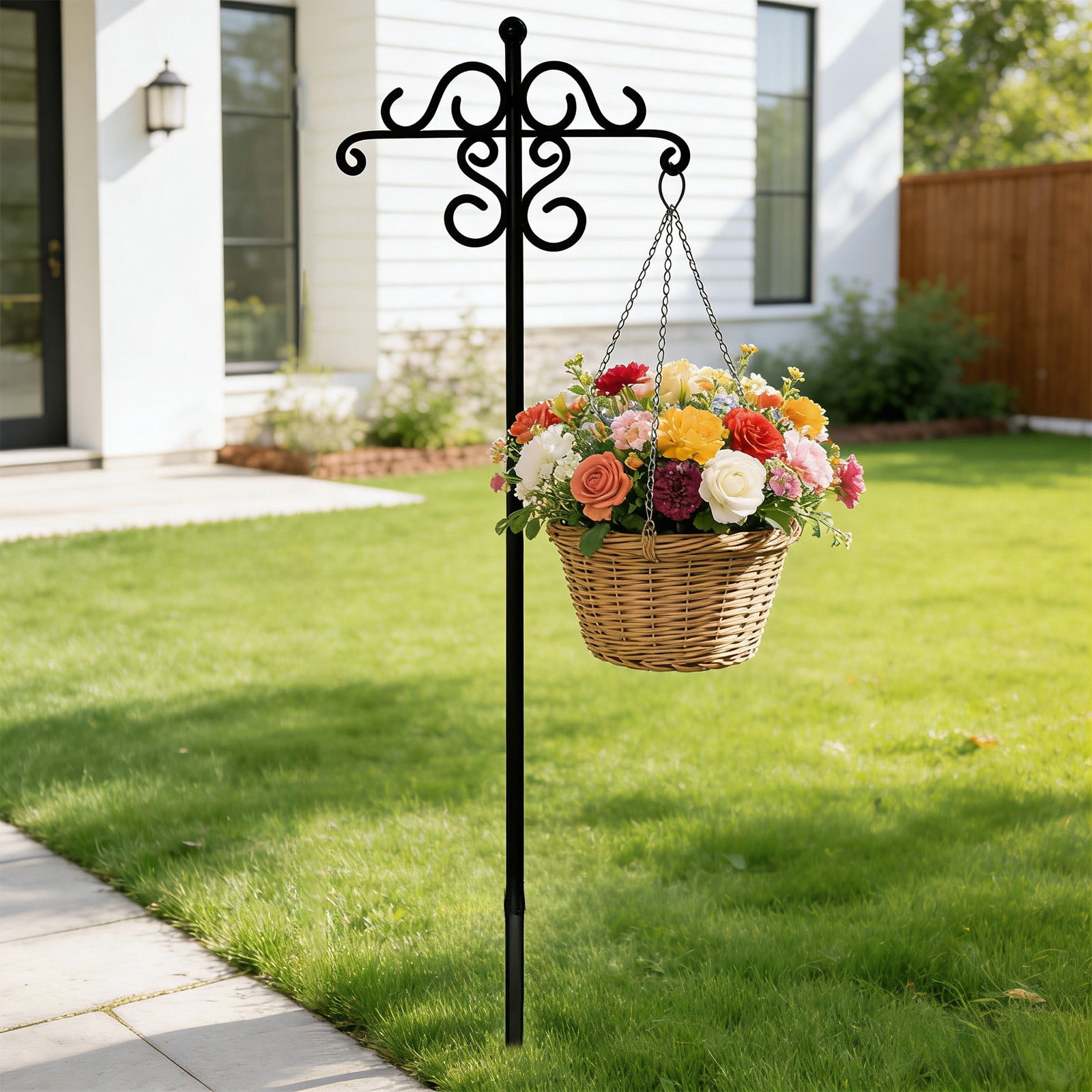 KUKIDSVO 61in Heavy Duty Shepherd Hook, Black Iron Garden Stake with Ornate Scrollwork for Hanging Plants Lanterns Bird Feeders Outdoor Yard Decor