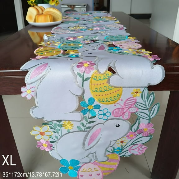 KUKIDSVO Easter Embroidered Table Runner, Hollow Bunny Egg Linen Cloth for Party Table Decor, 13.78×69.29in, Size XL