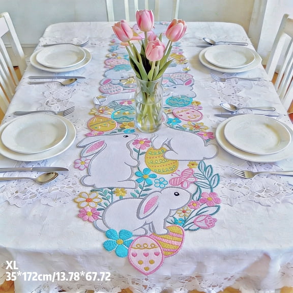 KUKIDSVO Easter Embroidered Table Runner, Hollow Bunny Egg Linen Cloth for Party Table Decor, 13.78×67.72in, Size XL