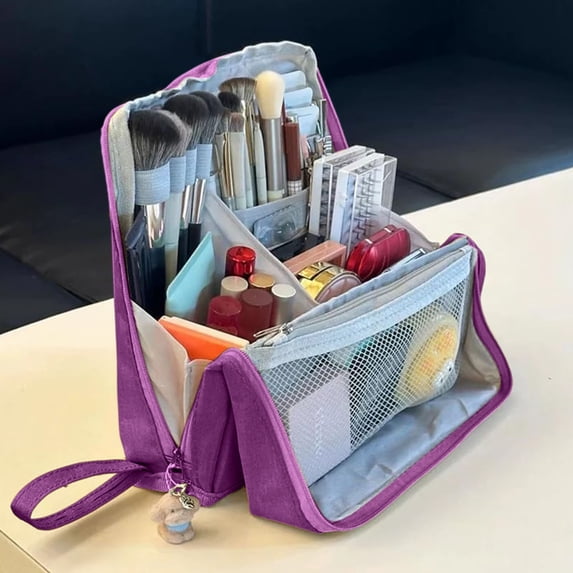 KUKIDSVO Large Capacity Standing Makeup Bag, Waterproof Travel Cosmetic Bag, Multi-Purpose Organizer for Toiletries Stationery(Purple)