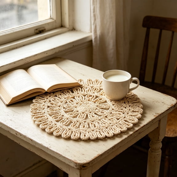 KUKIDSVO Natural Corn Husk Woven Placemat, Round Heat Resistant Table Mat, Boho Style Dining Decor for Kitchen Countertops, M:14.96in