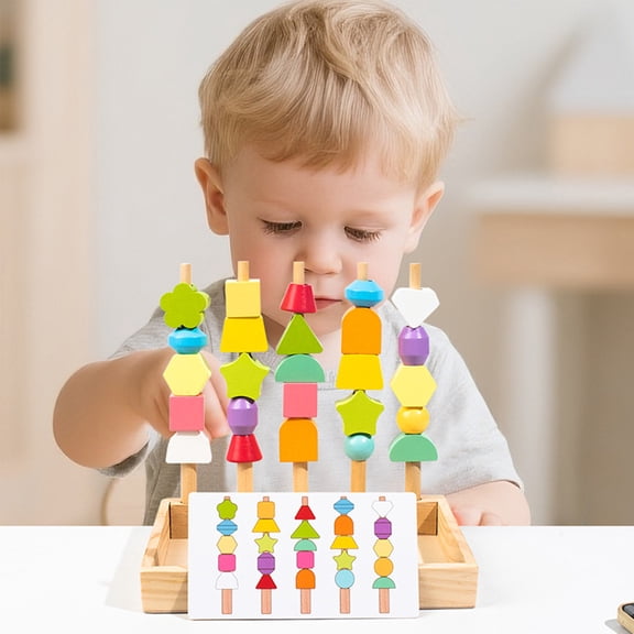 VAJUSO Wooden Bead Shape Sorting Stacking Toy 5-Column Color Sensory Puzzle for Toddlers Preschool Education