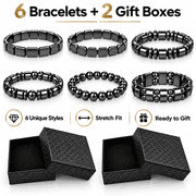 KUKKI 6-Pack Hematite Bracelets for Men and Women, Black Stretch Beaded Bracelet Set, 6 Assorted Styles with 2 Gift Boxes, 7.5 in