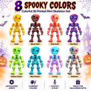 KUKKI 8-Pack Halloween Mini Skeletons, 3D Printed Articulated Poseable Skeleton Figures, Party Favors & Spooky Decor