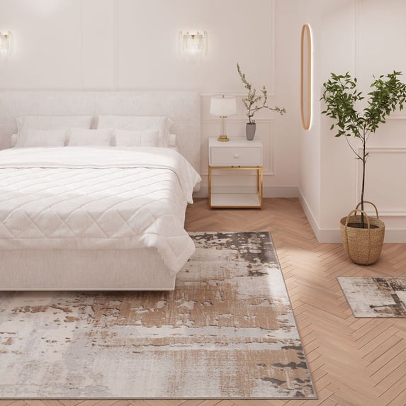 KUKOON Beige Distressed Abstract Area Rug