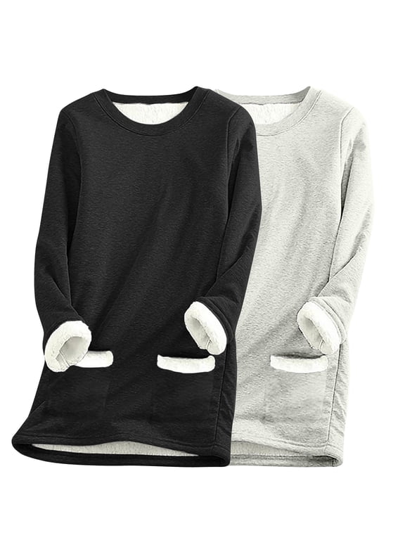 2 Pack Women's Thermal Shirts, Solid Crewneck Thick Velvet Sweatshirt with Pockets, Womens Thermal Underwear Tops, Compression Long Sleeve Base Layer Tops for Winter Cold Weather