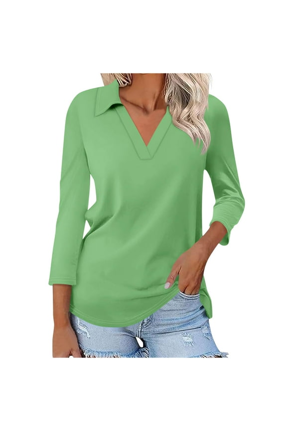 Women 3/4 Sleeve V Neck Polo Shirts Business Casual Collared Work Top Slim Fitted Basic 2024 Fall Shirt