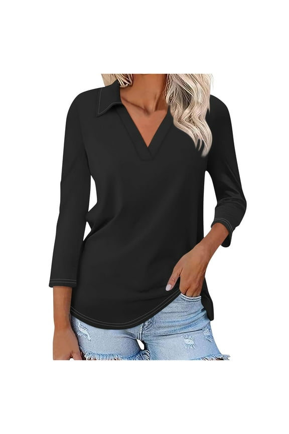 Women 3/4 Sleeve V Neck Polo Shirts Business Casual Collared Work Top Slim Fitted Basic 2024 Fall Shirt
