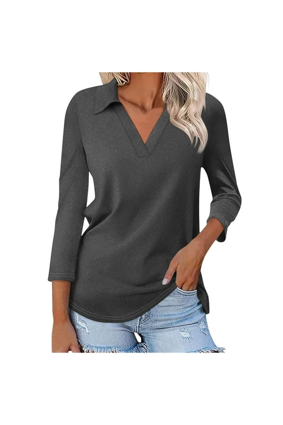 Women 3/4 Sleeve V Neck Polo Shirts Business Casual Collared Work Top Slim Fitted Basic 2024 Fall Shirt