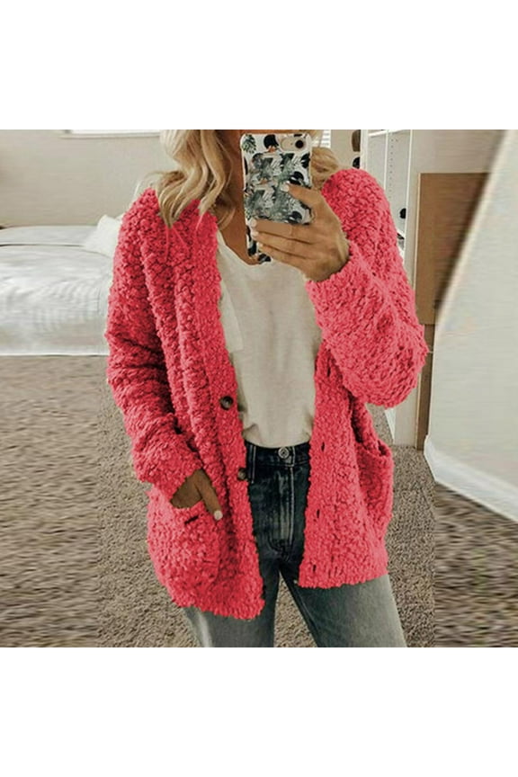 Women Casual Plus Size Plush Sweater Pockets Outerwear Buttons Cardigan Coat Pink 3XL