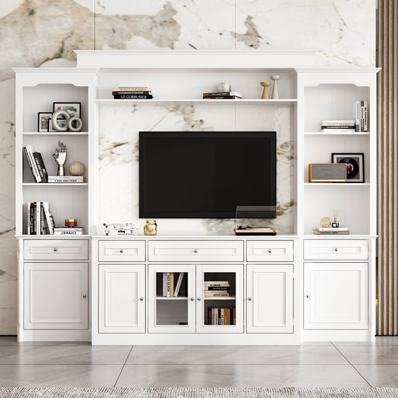 KULAGAGA  104.3"W 4-Piece Entertainment Center Wall Unit Set For TVs Up to 65", Modern TV Stand Large Media Console Cabinet with 13 Shelves, 5 Drawers & Countertop,White