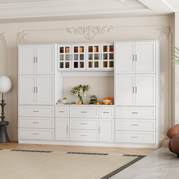 KULAGAGA 110.2 Inch Wide Kitchen Pantry Cabinet, Large Storage Cupboard with Glass Doors & 11 Drawers, Tall Freestanding Buffet Cabinet with Open Countertop for Dining Room, Living Room, White