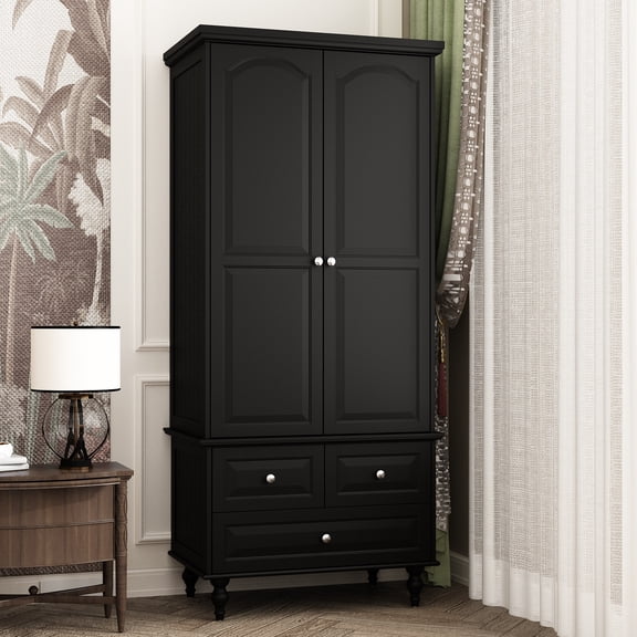 KULAGAGA 2 Door Armoire Wardrobe with 3 Drawers & Hanging Rod, Vintage Black Bedroom Closet, Tall Storage Cabinet with Shelves, 31.5W x 19.7D x 70.9H