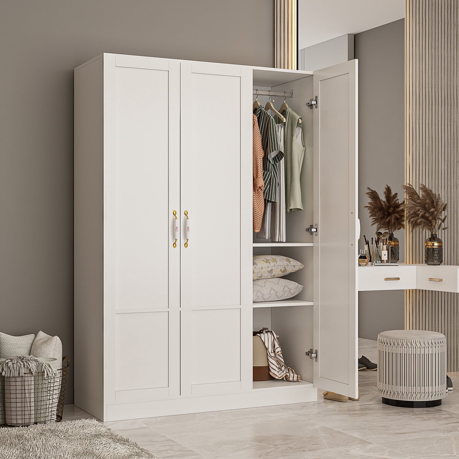 KULAGAGA 3 Door Armoire Wardrobe Closet with Hanging Rod White