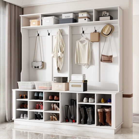 KULAGAGA 3-in-1 Hall Tree Storage Bench and Coat Rack with 18 Storage Cube and 6 Steel Double Hooks White