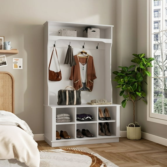 KULAGAGA 3-in-1 Hall Tree Storage Bench and Coat Rack with 6 Storage Cube and 4 Steel Double Hooks White