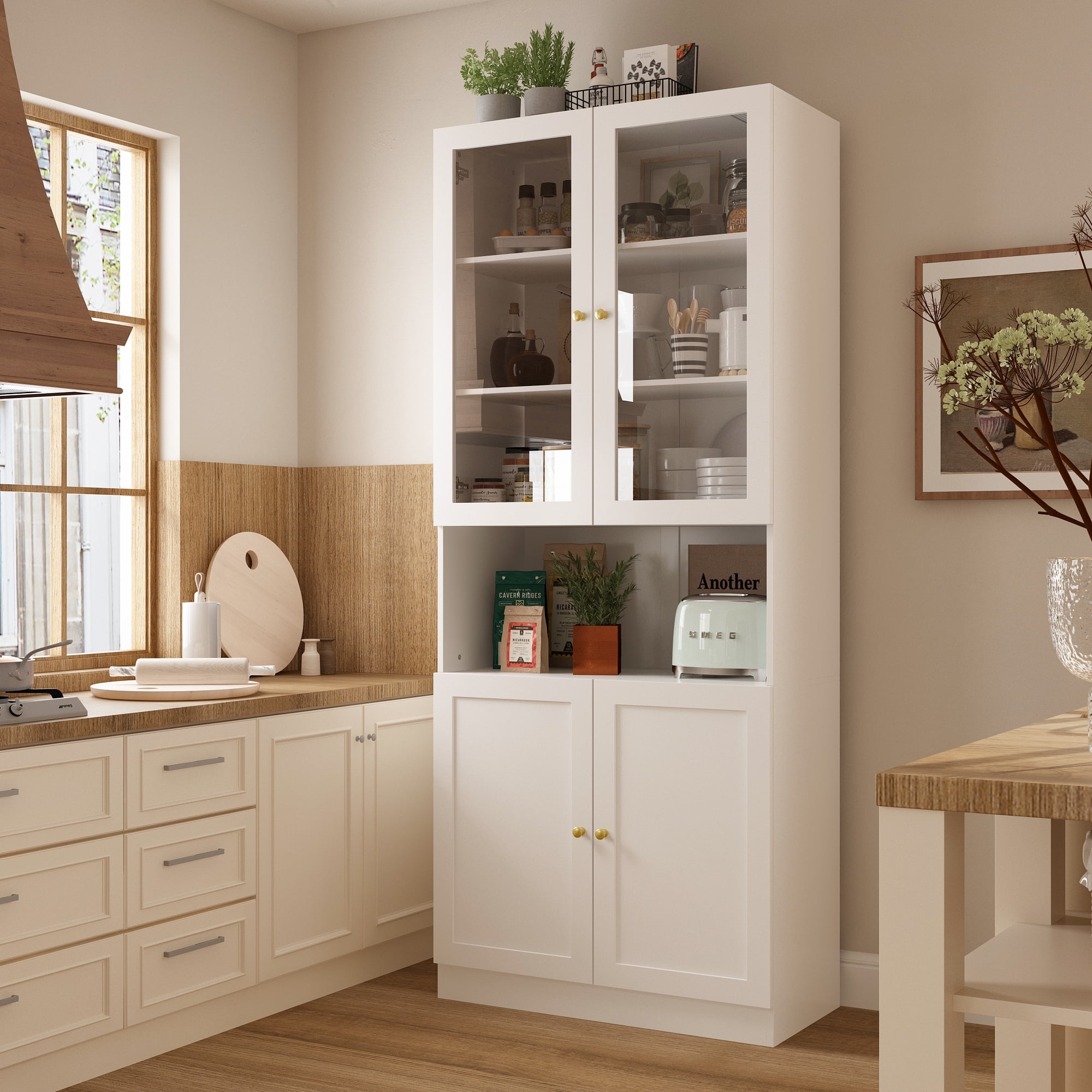 KULAGAGA  4-Door Living Room Display Cabinet & Kitchen Pantry - Tall Freestanding Unit with Glass Doors, 70.9 Inches High, White