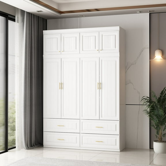 KULAGAGA 4-Door White Armoire with Top Cabinet, 63 Wide Wardrobe Storage Cabinet with Shelves and Drawers for Bedroom, 90.8"H