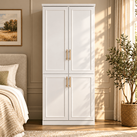 KULAGAGA Wardrobe Closet with Hanging Rod, Modern Wooden Armoire with 4 Framed Doors & 3 Large Shelves, Clothes Storage Cabinet Organizer for Bedroom Apartment, White