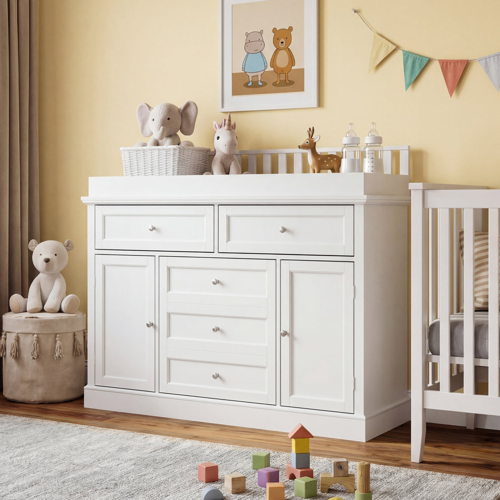 KULAGAGA 46" Dresser with Changing Table Top, White Dresser with Storage Drawers and Doors for Nursery, Multifunctional Dresser with Changing Station, Storage Cabinet for Kids Room