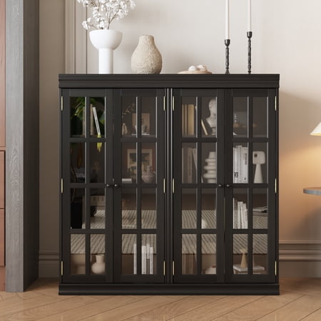 KULAGAGA 47.2" W Cubeical Storage Bookshelf with 4 Tiers Shelf, Modular Display Cabinet with Glass Doors,Modern Curio Cabinet for Home Office Living Room, Stackable Unit in Black