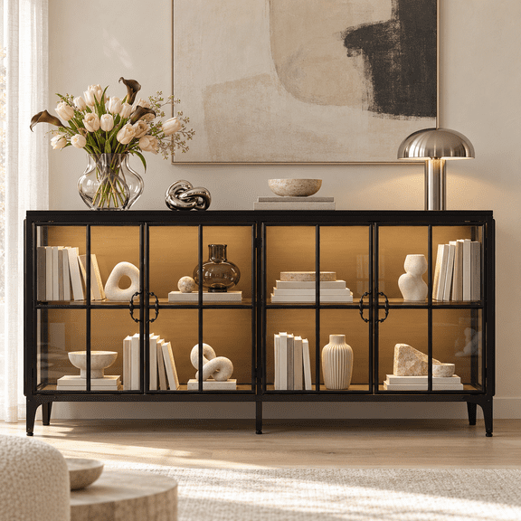 KULAGAGA 63" Wide Sideboard Buffet Cabinet with LED Lights and Glass Doors, Modern Storage Console Table with Glass Shelves for Living Room, Dining Room, Black