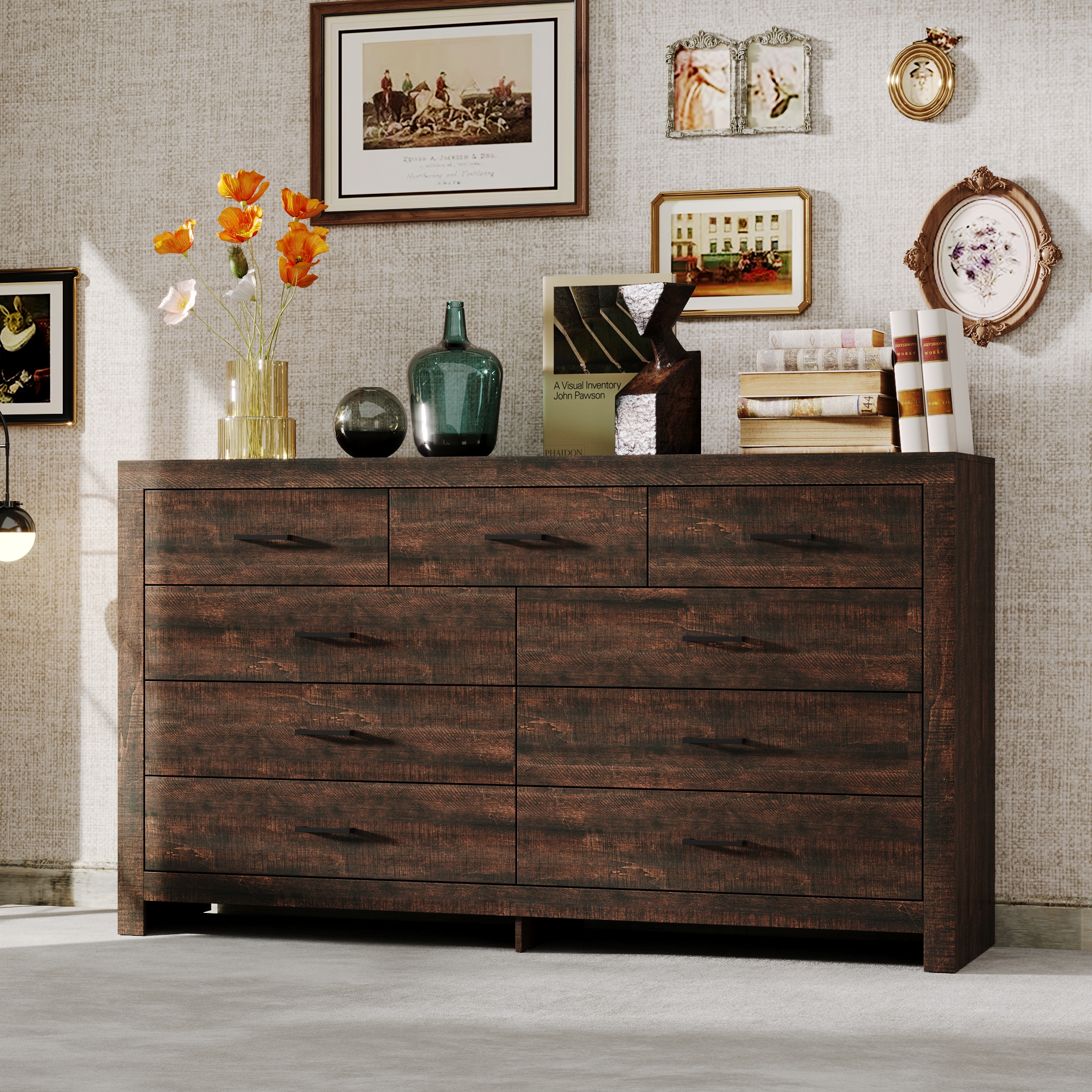 KULAGAGA 9 Drawer Dresser for Bedroom, Wide Dresser with Drawer Organizer, Wood Grain Chest of Drawers, 63" W Chests Organizer with Easy Pull Handles for Living Room, Entryway, Brown