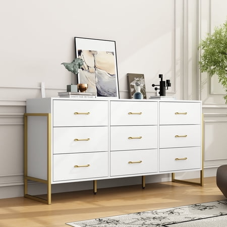 KULAGAGA 9 Drawer White Dresser with Metal Bace for Living Room Dining Room