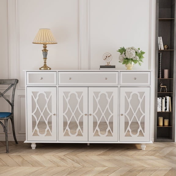KULAGAGA Accent Buffet Sideboard Serving Cabinet with Carved Mirror Door and 3 Drawers, Console Table Sofa with Adjustable Shelves for Entryway Kitchen Dining Room