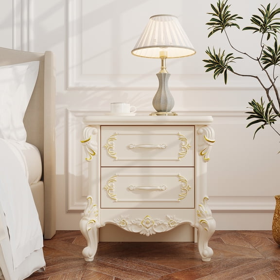 KULAGAGA Accent Nightstand with 2 Drawers, Wooden Bedside Table with Carved Patterns, Beige End Table for Bedroom and Living Room