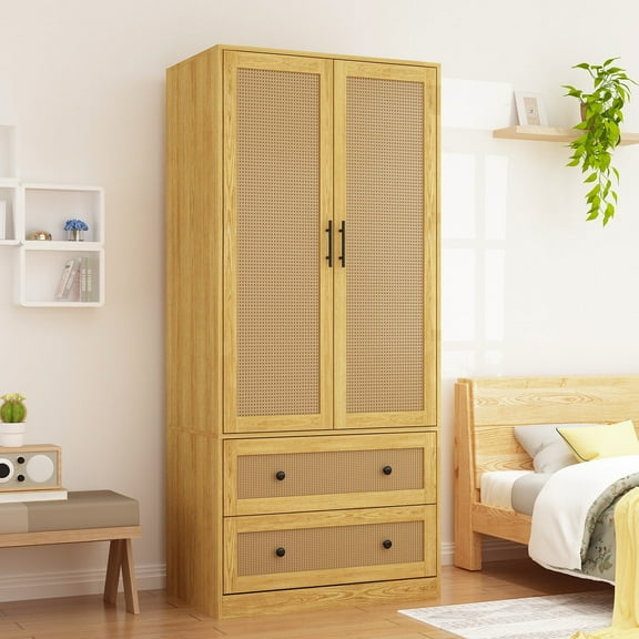KULAGAGA Armoire Wardrobe with 2 Woven Doors, Wooden Closet Cabinet with 2 Storage Drawers and Hanging Rail for Bedroom (Natural)