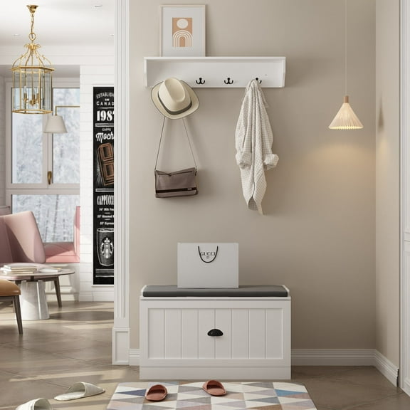 KULAGAGA Coat Rack Shoe Bench Set, Wall Mount with Shelf, Hall Tree with 4 Hooks for Entryway, White