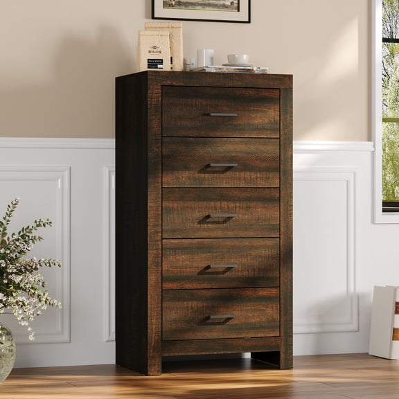 KULAGAGA Dresser with 5 Drawers & Black Handles, 23.6" W Chest of Drawers with Wood Grain, Modern Wooden Storage Tower for Bedroom Living Room, Dark Brown