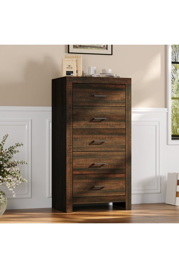 Dresser with 5 Drawers & Black Handles, 23.6" W Chest of Drawers with Wood Grain, Modern Wooden Storage Tower for Bedroom Living Room, Dark Brown