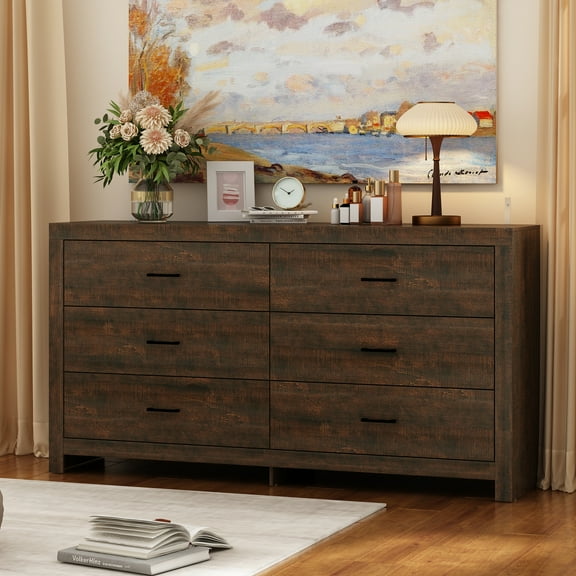 KULAGAGA 63" W Double Dresser with 6 Drawers & Black Handles, Chest of Drawers with Wood Grain, Modern Wooden Storage Tower for Bedroom Living Room,Brown