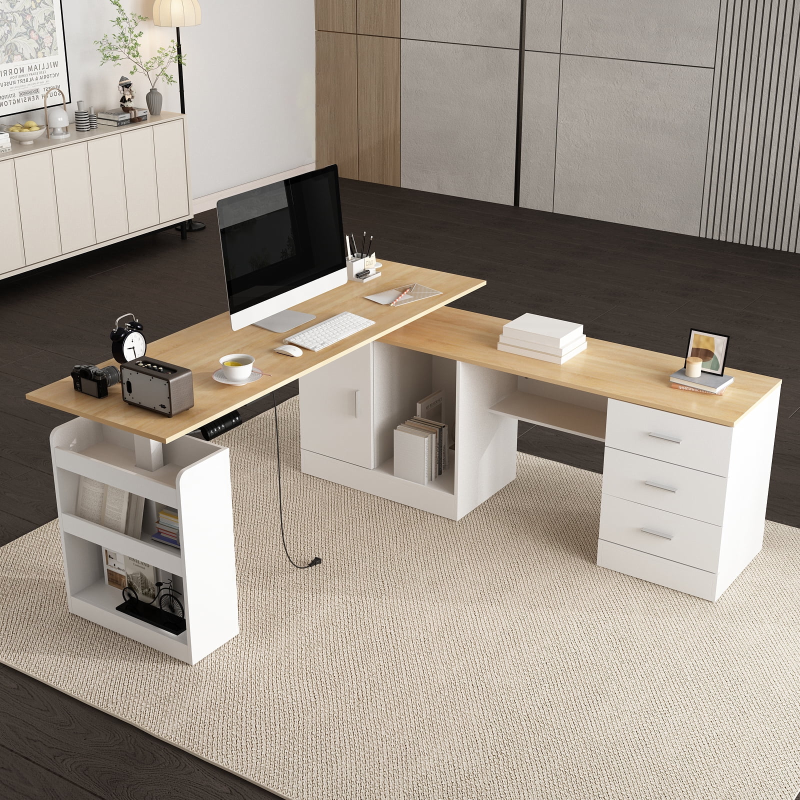 KULAGAGA Electric Standing Desk with Drawers and Shelves, Executive Adjustable Height Desk, L-Shaped Design, 63 inch Tabletop, for Office Deep Oak & White