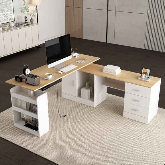 KULAGAGA Electric Standing Desk with Drawers and Shelves, Executive Adjustable Height Desk, L-Shaped Design, 63 inch Tabletop, for Office Deep Oak & White