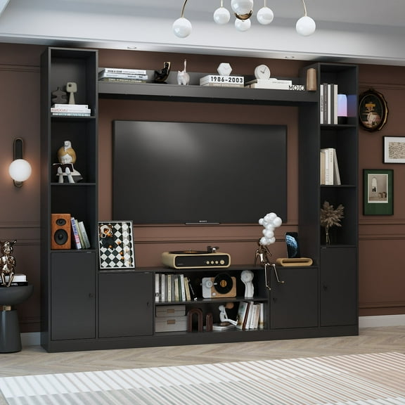 KULAGAGA Entertainment Center with Bookshelves Modern Media Center with Open Shelves & Bridge TV Wall Unit with Doors, for Living Room Black