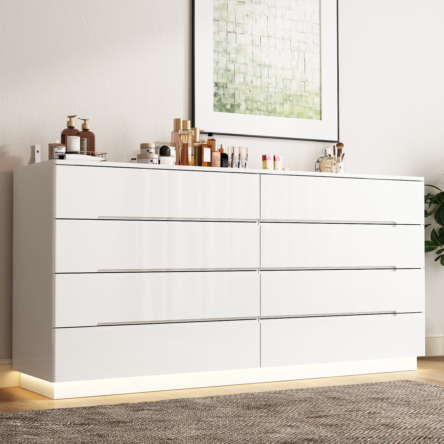 KULAGAGA High Gloss Dresser with Lights Chest of Drawers, Modern Glossy 8 Drawer Dresser with Curved Edge, for Bedroom White 15.7D x 63W x 30.9H