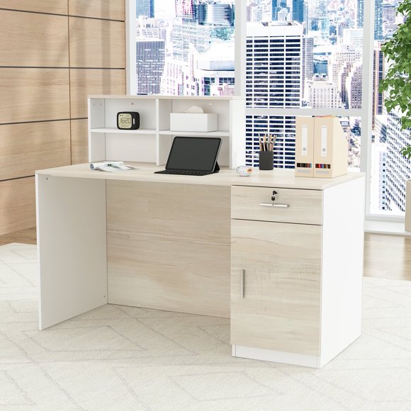 KULAGAGA Home Office Computer Writing Desk, Multipurpose Reception Desk with Drawer and Open Shelf