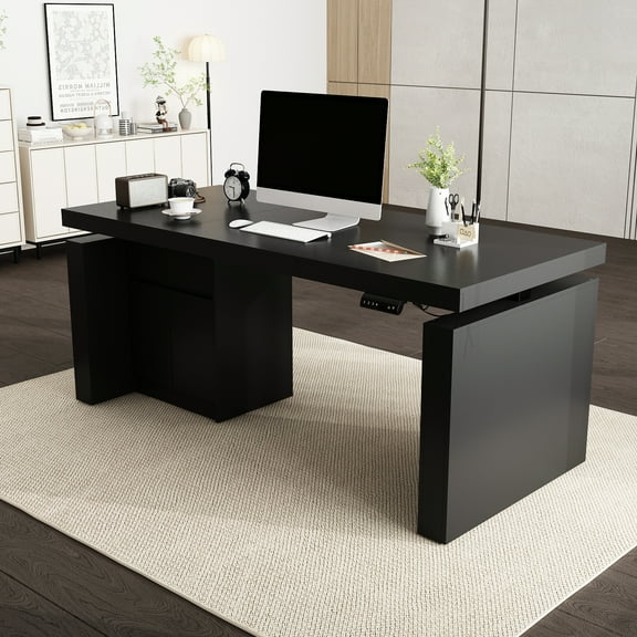KULAGAGA Home Office Electric Standing Desk with Drawer and Cabinet, Height Adjustable Stand up Desk, 70.9" Computer Executive Corner Table, Black