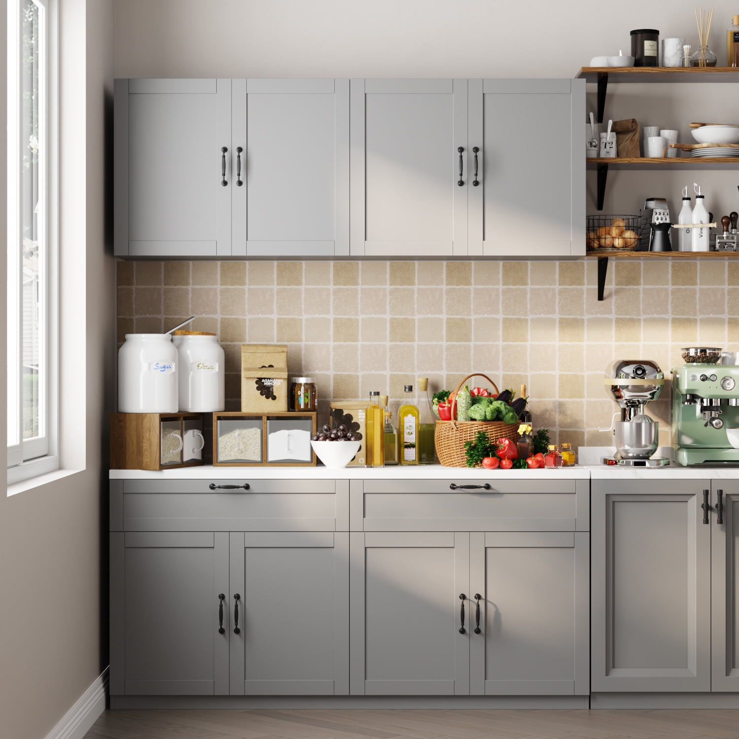 KULAGAGA Kitchen Cabinet with Wall Mounted Hutch, Sideboard Storage Cupboard with Drawers for Home, Gray