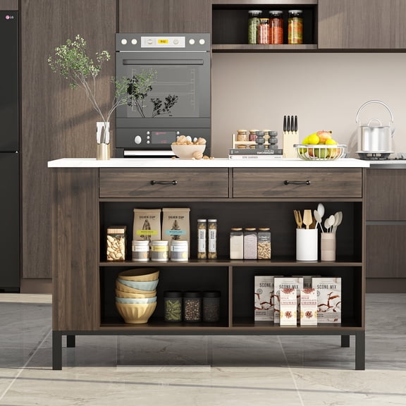 KULAGAGA Kitchen Island Storage Cabinet with 2 Drawers and Open Shelves for Dinning Room