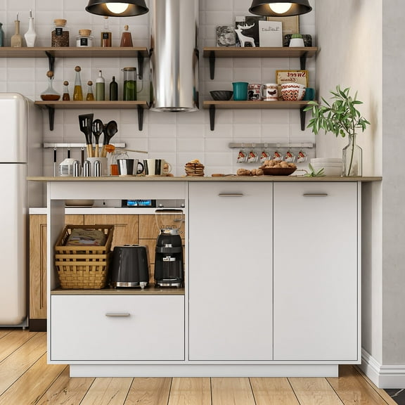 KULAGAGA Kitchen Island with Drop Leaf,Open Shelf,Storage Cabinet and Drawer, White
