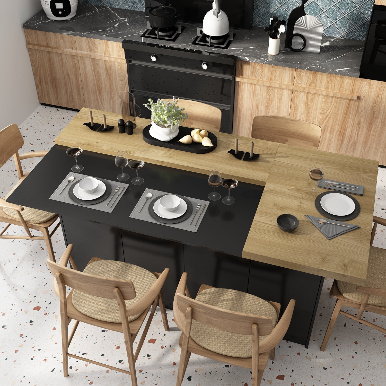 KULAGAGA Kitchen Island with Shelves & 6 Doors, Large L-Shape Wood Top Buffet Cabinet, Dining Table with Storage for 4-6 People, Black & Brown