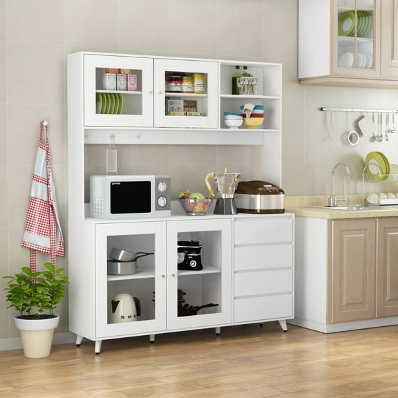 KULAGAGA Kitchen Sideboard Buffet Cabinet, Baker's Rack Microwave Stand with Hutch, Open Shelves and Drawers, White