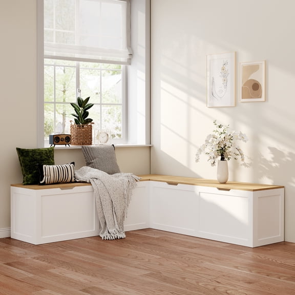 KULAGAGA L-Shape Wooden Shoe Storage Bench with 2 Doors & 2 Storage Compartments, Entryway Corner Bench with Wood Grain for Hallway, White & Oak