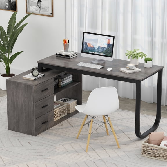 KULAGAGA L Shaped Computer Desk Corner Writing Workstation Table with Cabinet Drawer Storage for Home Office Study, Dark Gray